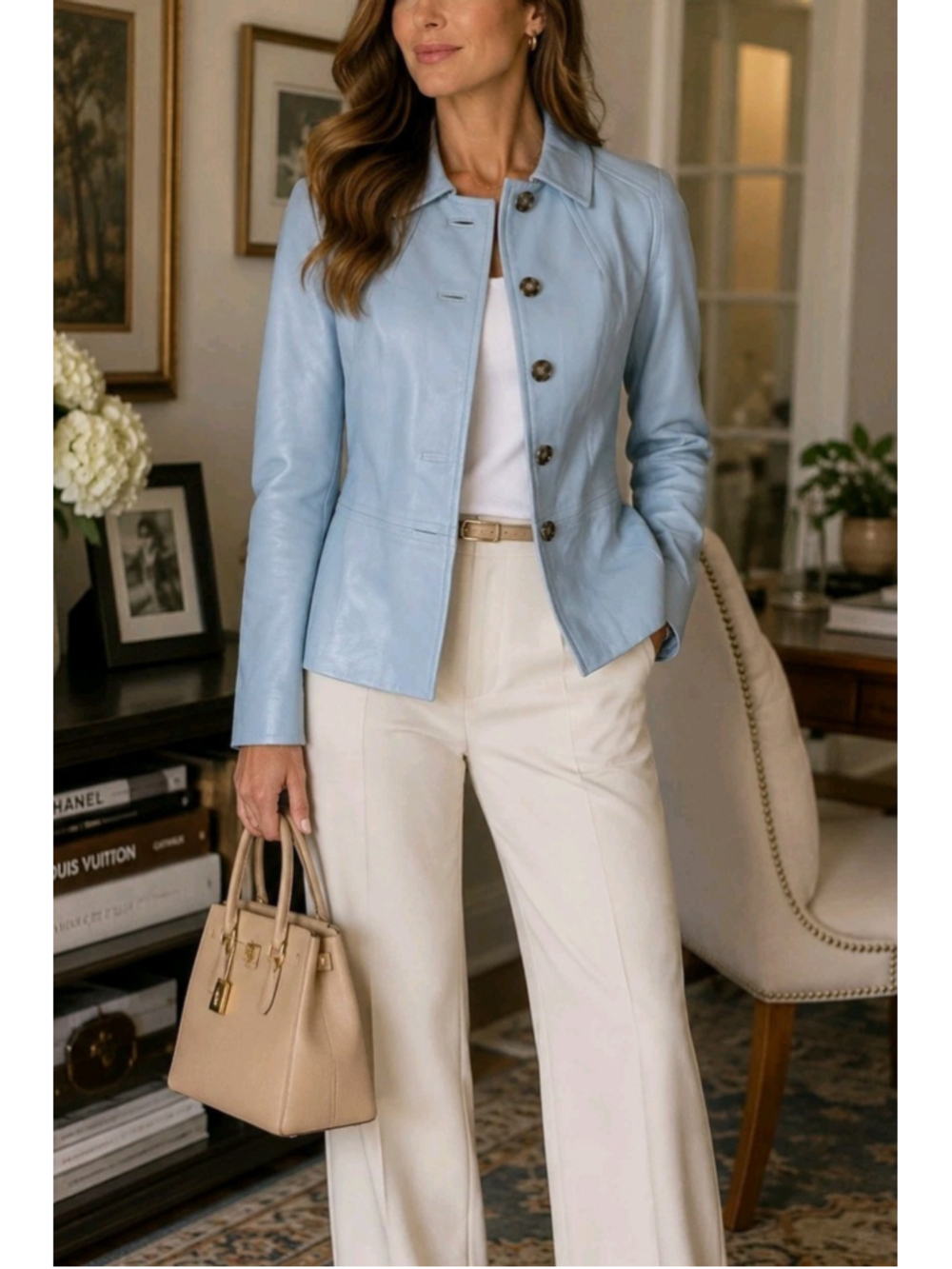 Etcetera 100% Leather Jacket Sz 8 Light Blue Button Front Career Blazer Coat